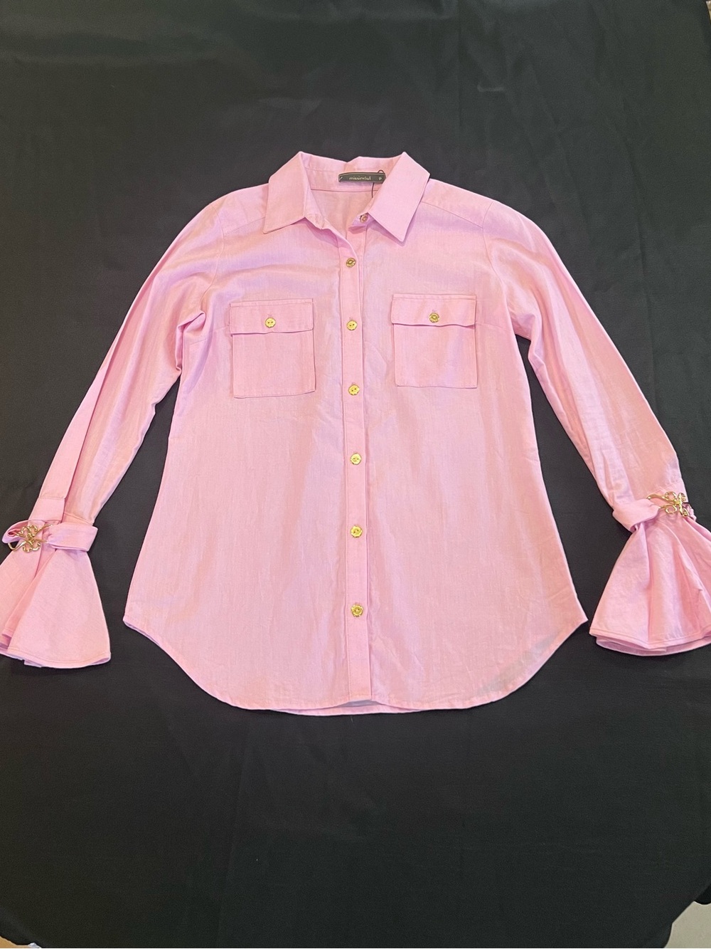 missinclof Women’s Pink Button-Front Shirt with Bell Cuffs size small
